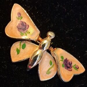 Elegant Floral Butterfly Brooch With Handpainted Purple Roses